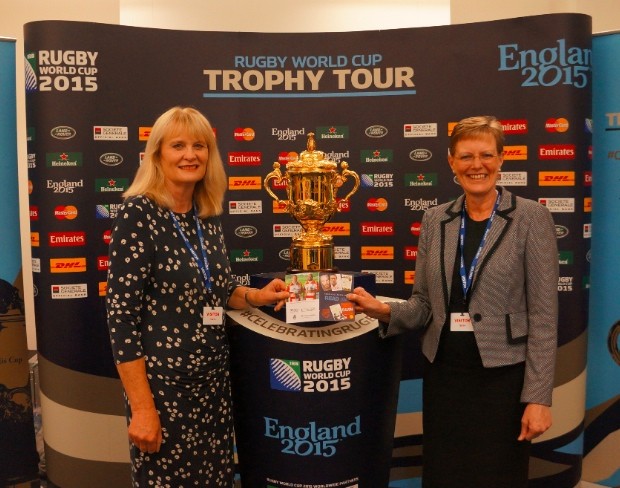 Sharon and Sue with the Webb Ellis trophy - and the Read South West rugby booklet