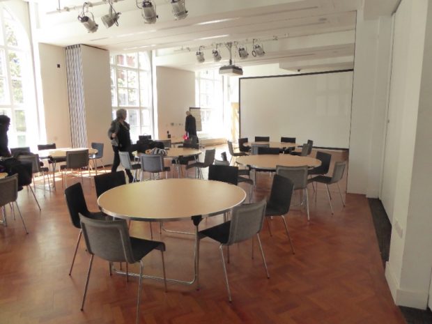 Preparing the room for the workshop in Manchester central library. Photo credit: Julia Chandler/Libraries Taskforce