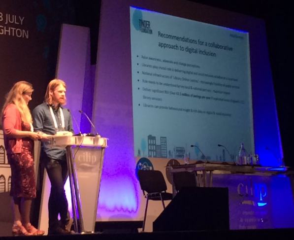Myself and my colleague Luke Wilson presenting some of the project’s findings at the CILIP annual conference. Photo credit: Tinder Foundation