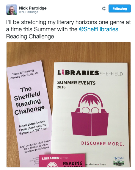 Tweet from @NJPartridge about the Sheffield Adult Reading Challenge