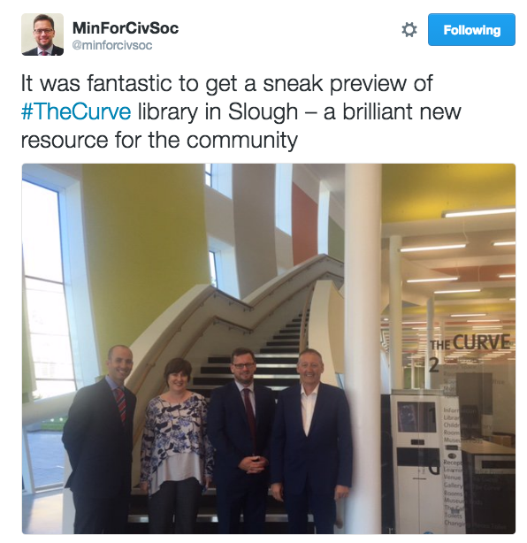 From left: Andy Howell (Slough Urban Renewal), Claire xxx, Rob Wilson MP, and Joe xxx in the Curve. Photo credit: Lizzie Jacobs/DCMS