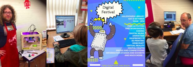 L-R: 3D Printing with FizzPop, Scratch Coding, Event poster, Digital Music Making. All images credit: Dudley libraries