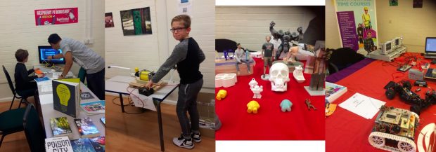 L-R: Raspberry Pi workshop, DIY rocket launcher, 3D printed items, Electronics from Dudley College. All images credit: Dudley libraries