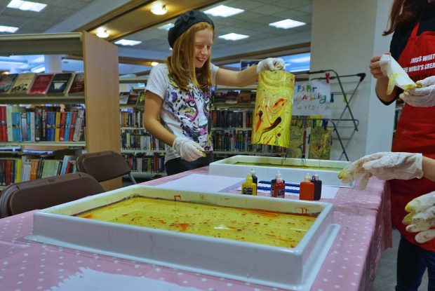 Paper marbling in the library. Photo credit: Peterborough Presents
