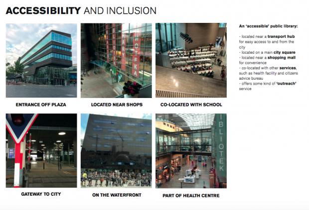 Photos of libraries, illustrating accessibility