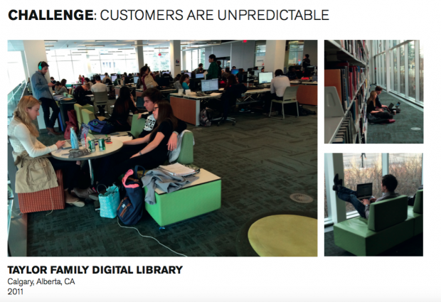 A selection of photos of a library, showing people studying in different ways