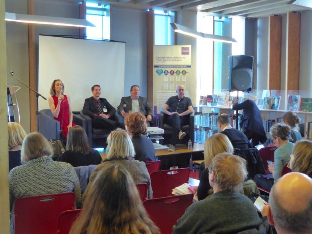 Taskforce panel in Whitechapel. From left: Kathy Settle, Ian Leete (LGA), Iain Varah (representing cCLOA) and Neil Macinnes (SCL). Photo credit: Julia Chandler/Libraries Taskforce
