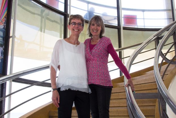 Ally Sherrick (left) and Linda Coggin (right) in the De La Warr Pavilion. Photo credit: Sussex libraries