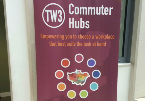 Banner promoting commuter hubs. Photo credit: Paul Cox/Ministry of Justice