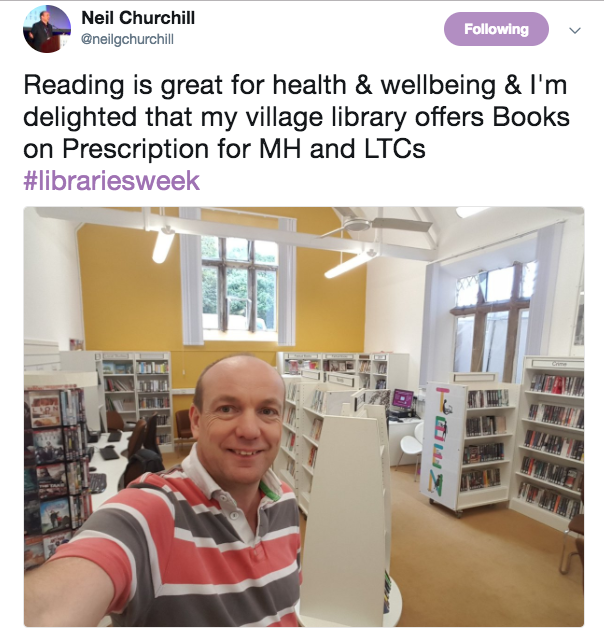 screenshot of tweet showing Dr Neil Churchill in his local library