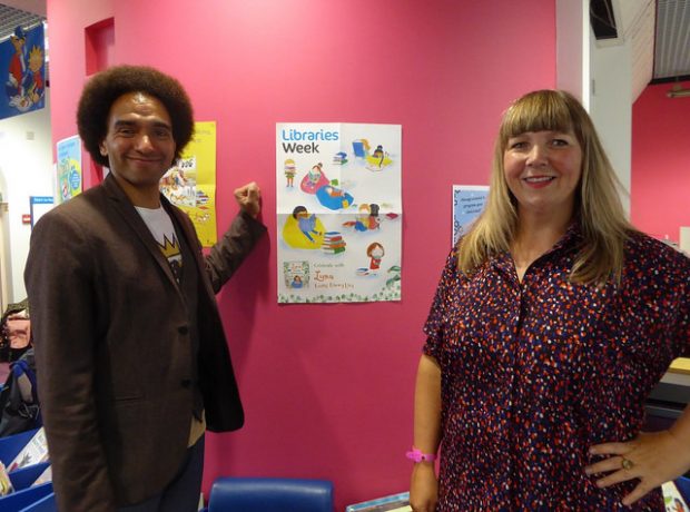 Joseph Coelho and illustrator Fiona Lumbers in Cheltenham library. Photo credit: Julia Chandler/Libraries Taskforce