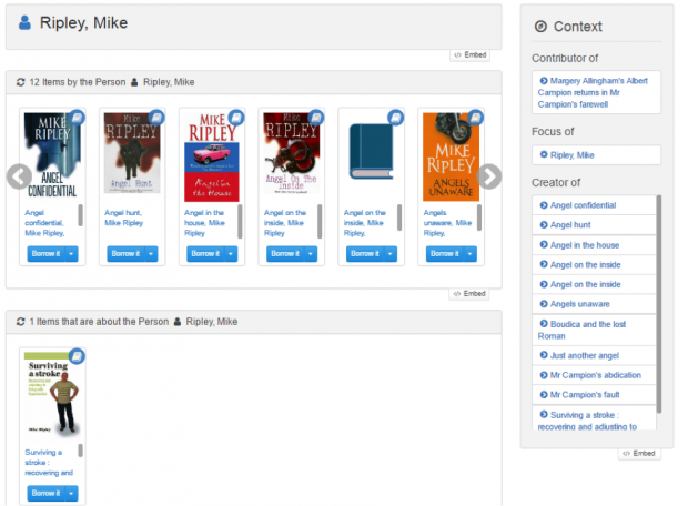 Screenshot illustrating entries for books by, and about, a person
