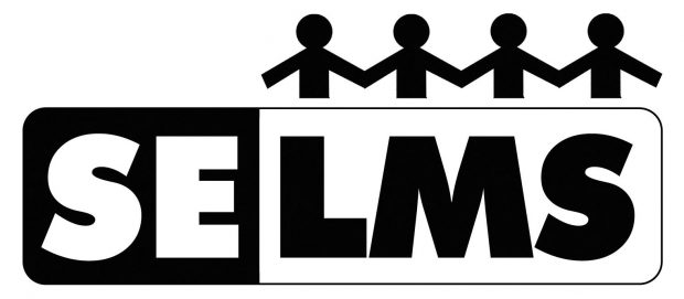 SELMS logo - capital letters, with a row of stick people holding hands