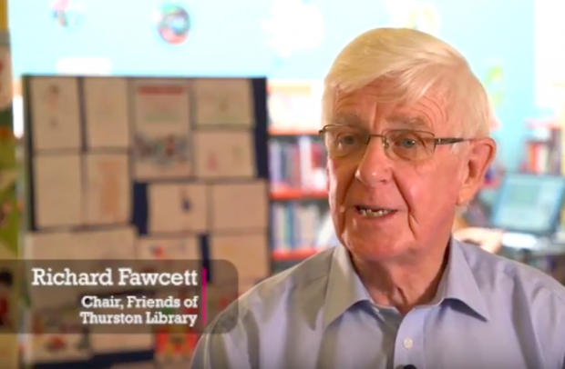 Richard Fawcett, chair of the Friends of Thurston library - shown in a screenshot from the video