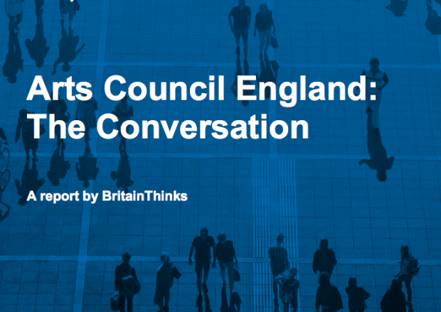 screenshot of the cover of the report - a blue picture showing faint outlines of human figures, overlaid with the words Arts Council England: the conversation